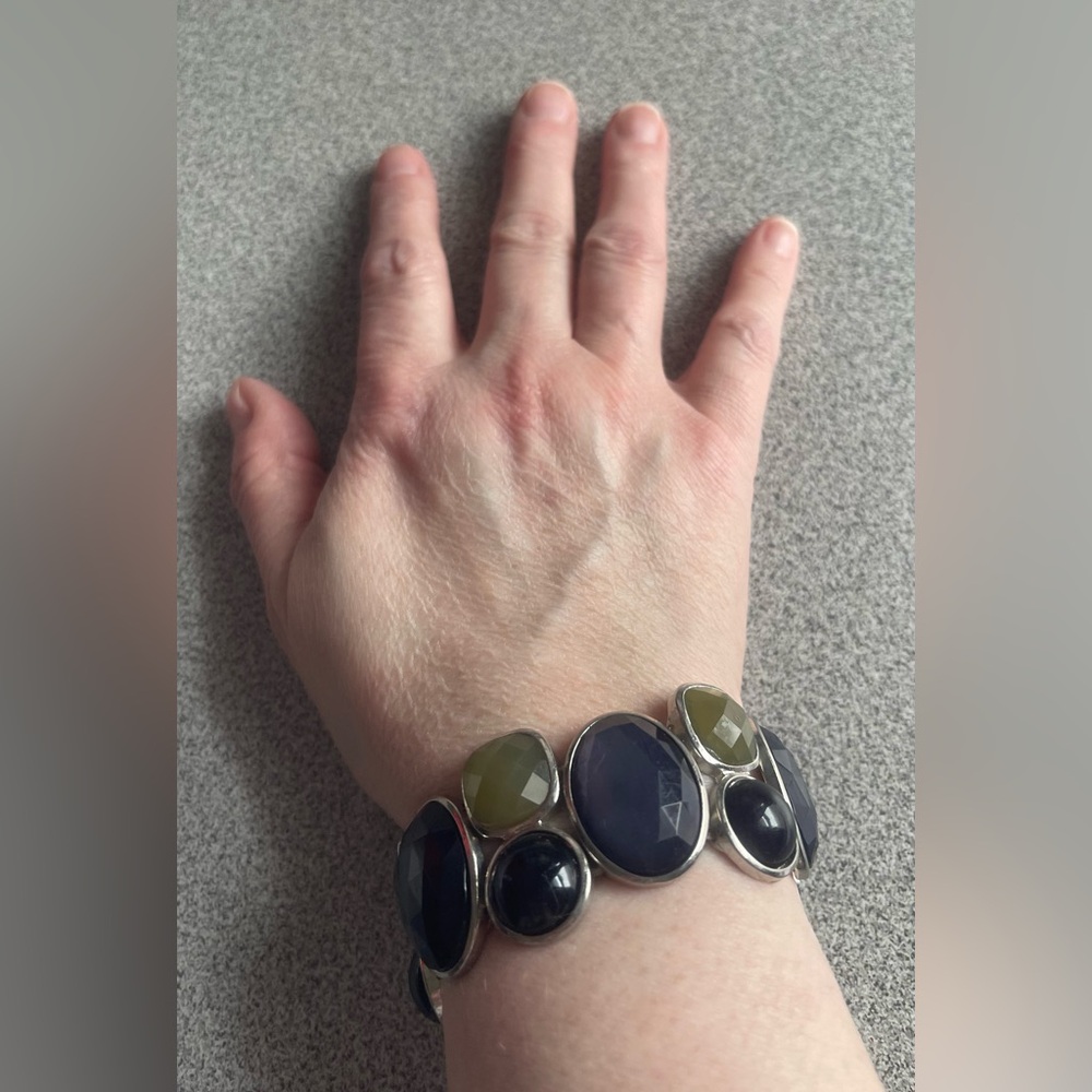 Silver Toned Blue & Green Faux Gems Stretch Bracelet
